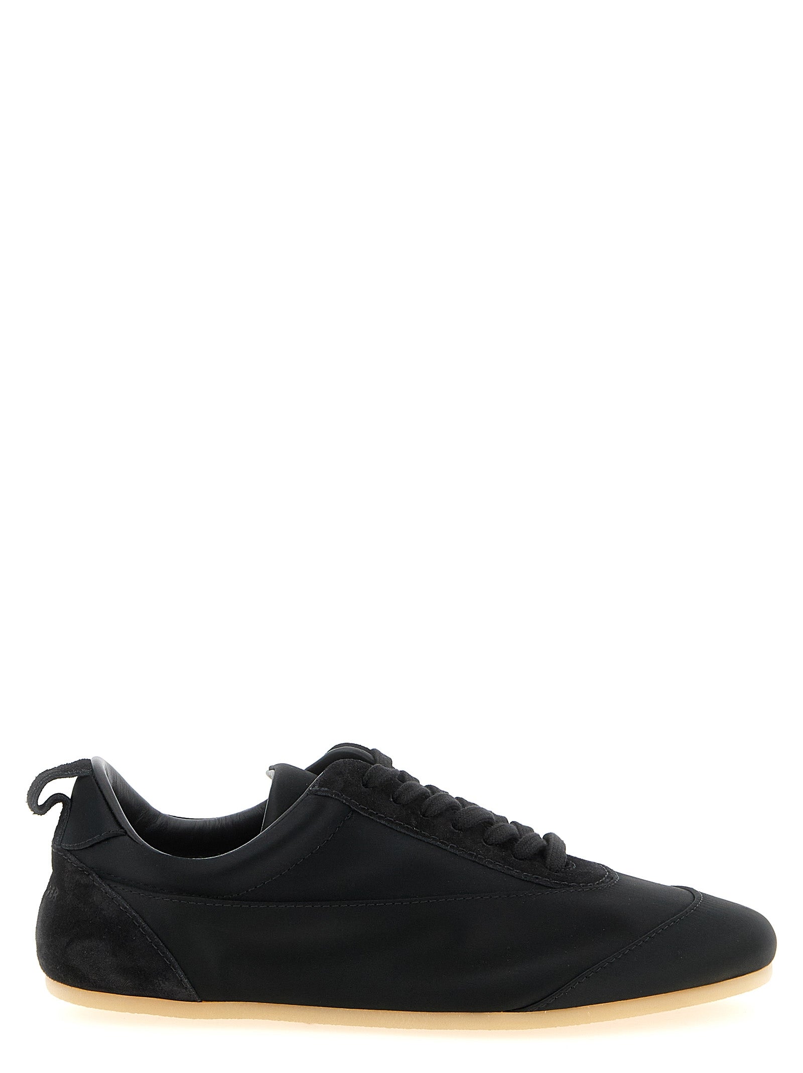 Sneakers by Jil Sander for women in cotton satin polyamide suede leather black features a chic design, perfectly showcasing the chic low-top style of this Women's Low Top Cotton Satin Polyamide Suede Leather Sneakers.
