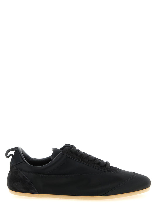 Sneakers by Jil Sander for women in cotton satin polyamide suede leather black features a chic design, perfectly showcasing the chic low-top style of this Women's Low Top Cotton Satin Polyamide Suede Leather Sneakers.