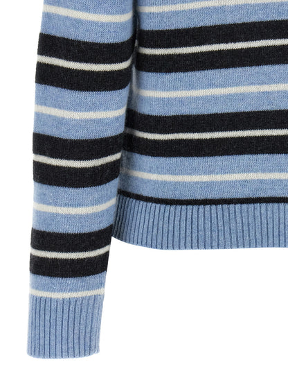 Cardigan by Ganni for women in polyamide wool light-blue, jacquard & striped presents a textural silhouette, artfully finished with a textural and for a sophisticated, textural look.