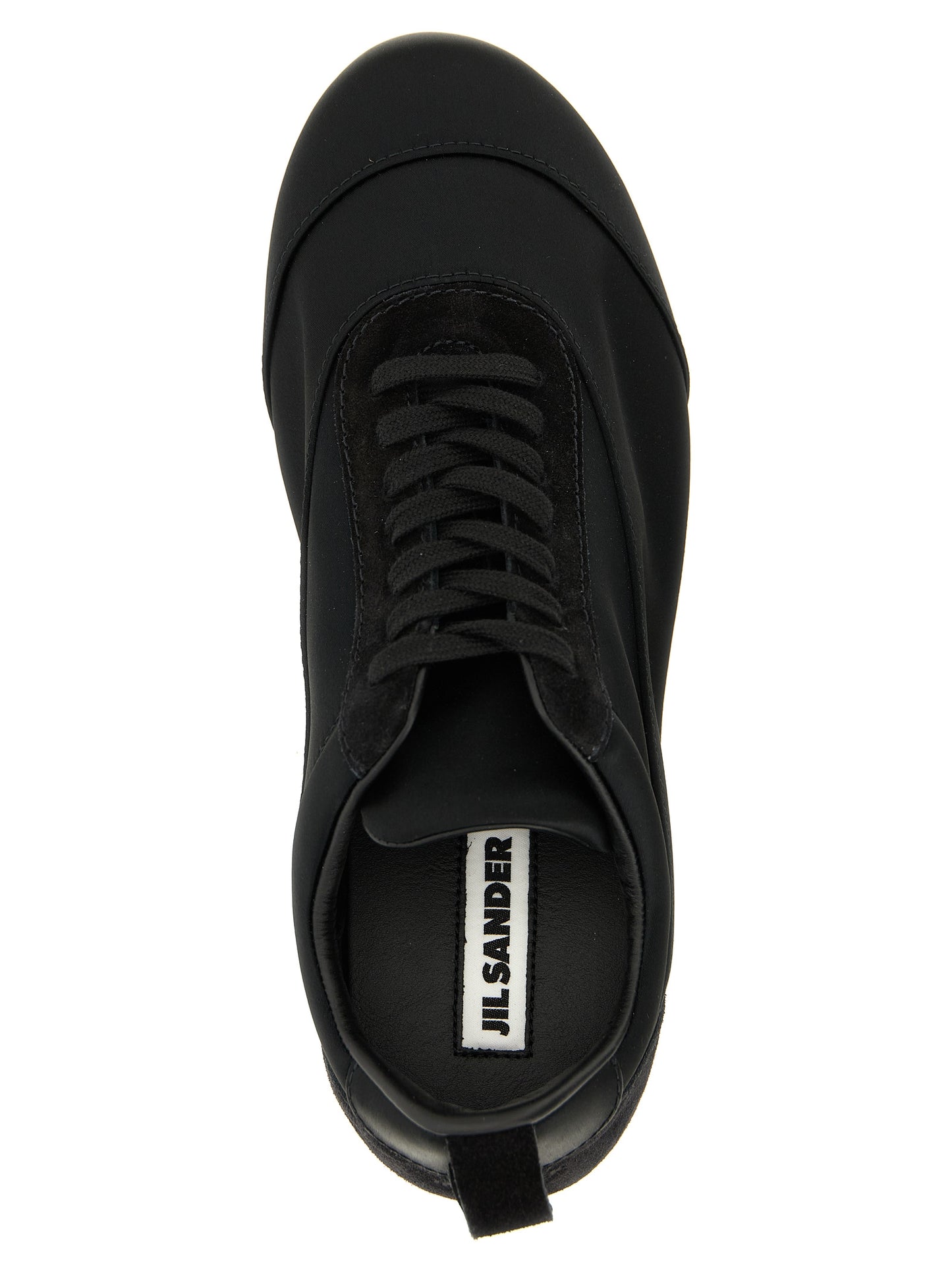 Sneakers by Jil Sander for women in cotton satin polyamide suede leather black presents a on trend silhouette from the Women's Low Top Cotton Satin Polyamide Suede Leather Sneakers collection, showcasing a on trend low-top style for an elevated aesthetic.