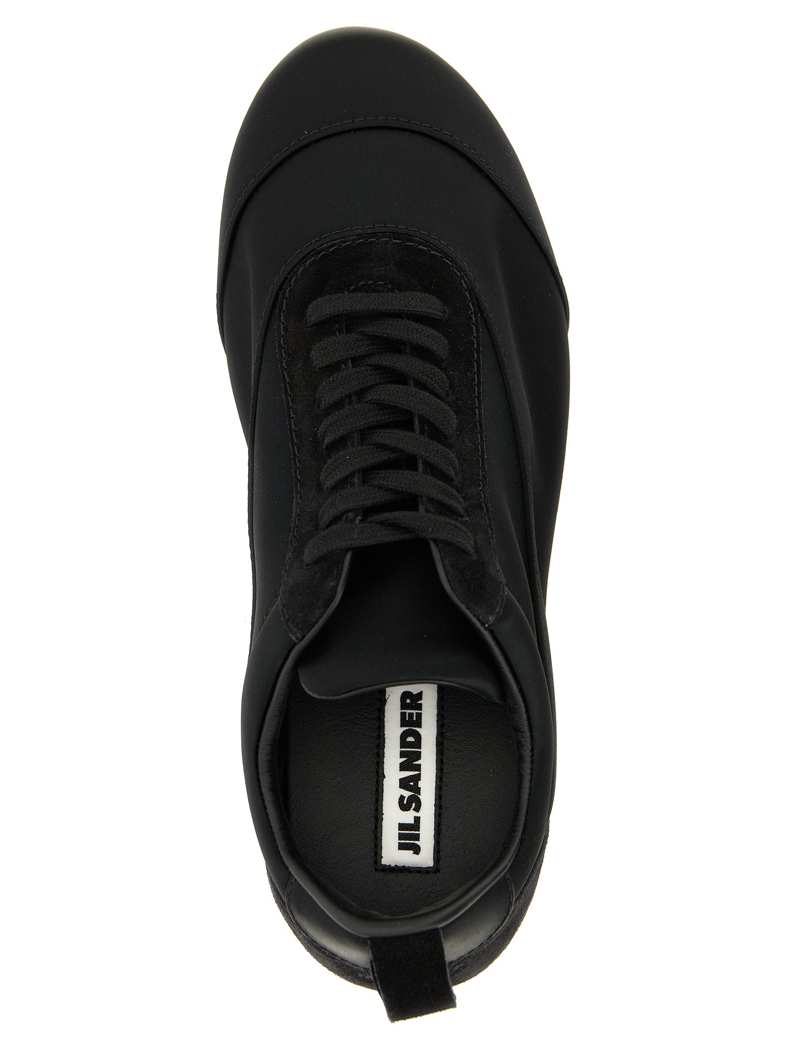 Sneakers by Jil Sander for women in cotton satin polyamide suede leather black presents a on trend silhouette from the Women's Low Top Cotton Satin Polyamide Suede Leather Sneakers collection, showcasing a on trend low-top style for an elevated aesthetic.