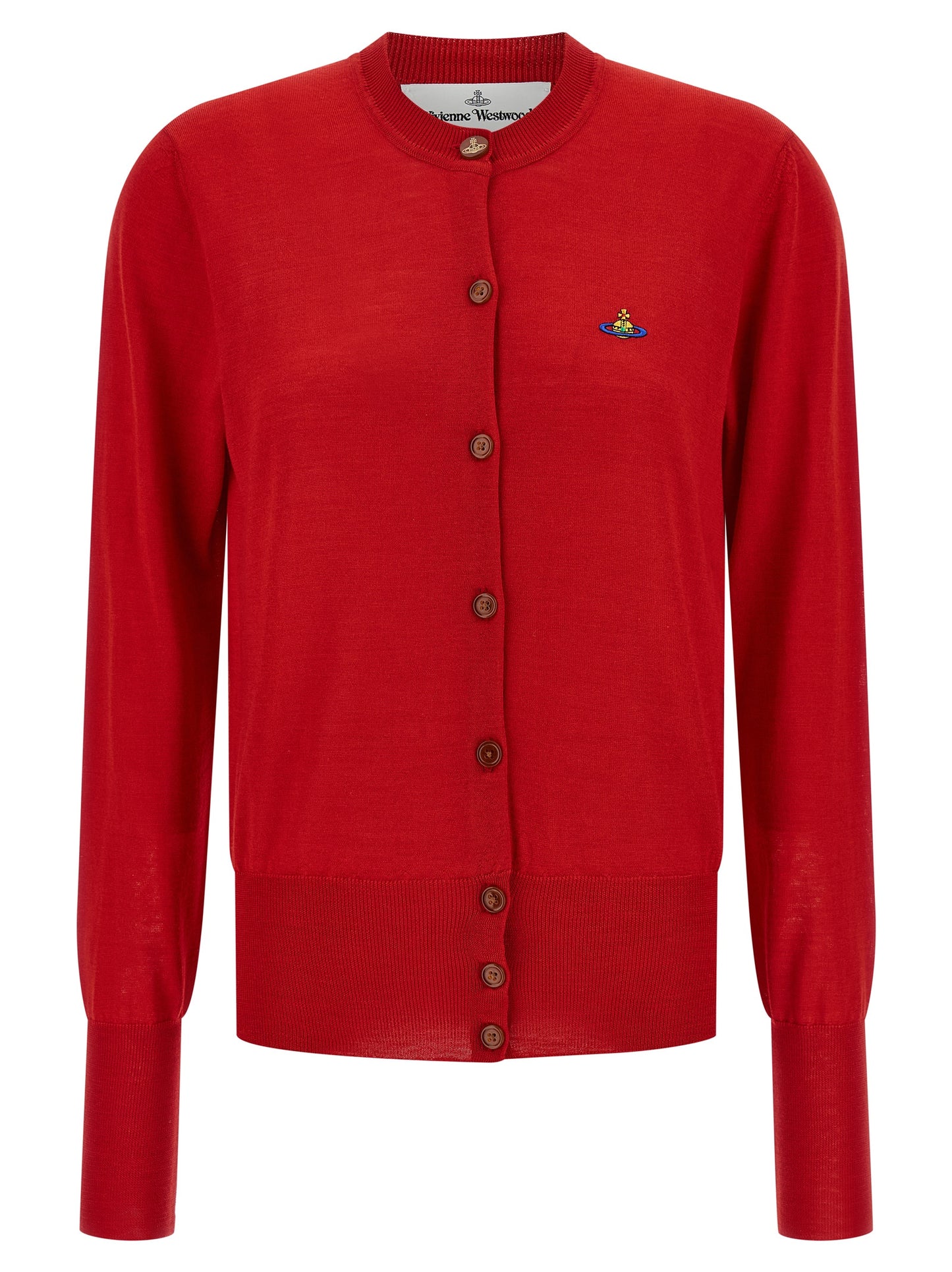 Cardigan by Vivienne Westwood for women in wool & silk multicolor & red features a nuanced silhouette with a refined crew neckline and nuanced detailing for a sophisticated look.