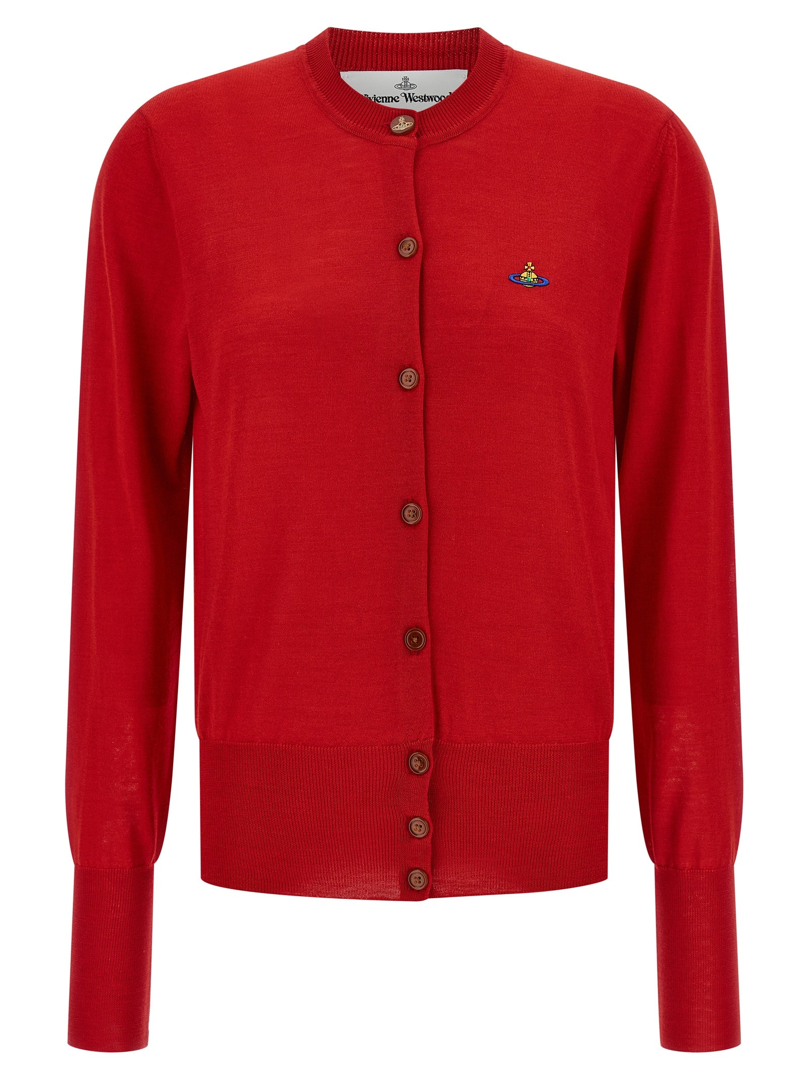 Cardigan by Vivienne Westwood for women in wool & silk multicolor & red features a nuanced silhouette with a refined crew neckline and nuanced detailing for a sophisticated look.