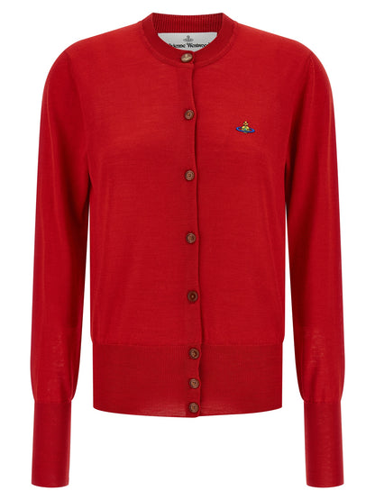 Cardigan by Vivienne Westwood for women in wool & silk multicolor & red features a nuanced silhouette with a refined crew neckline and nuanced detailing for a sophisticated look.