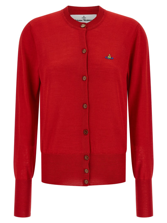 Cardigan by Vivienne Westwood for women in wool & silk multicolor & red features a nuanced silhouette with a refined crew neckline and nuanced detailing for a sophisticated look.