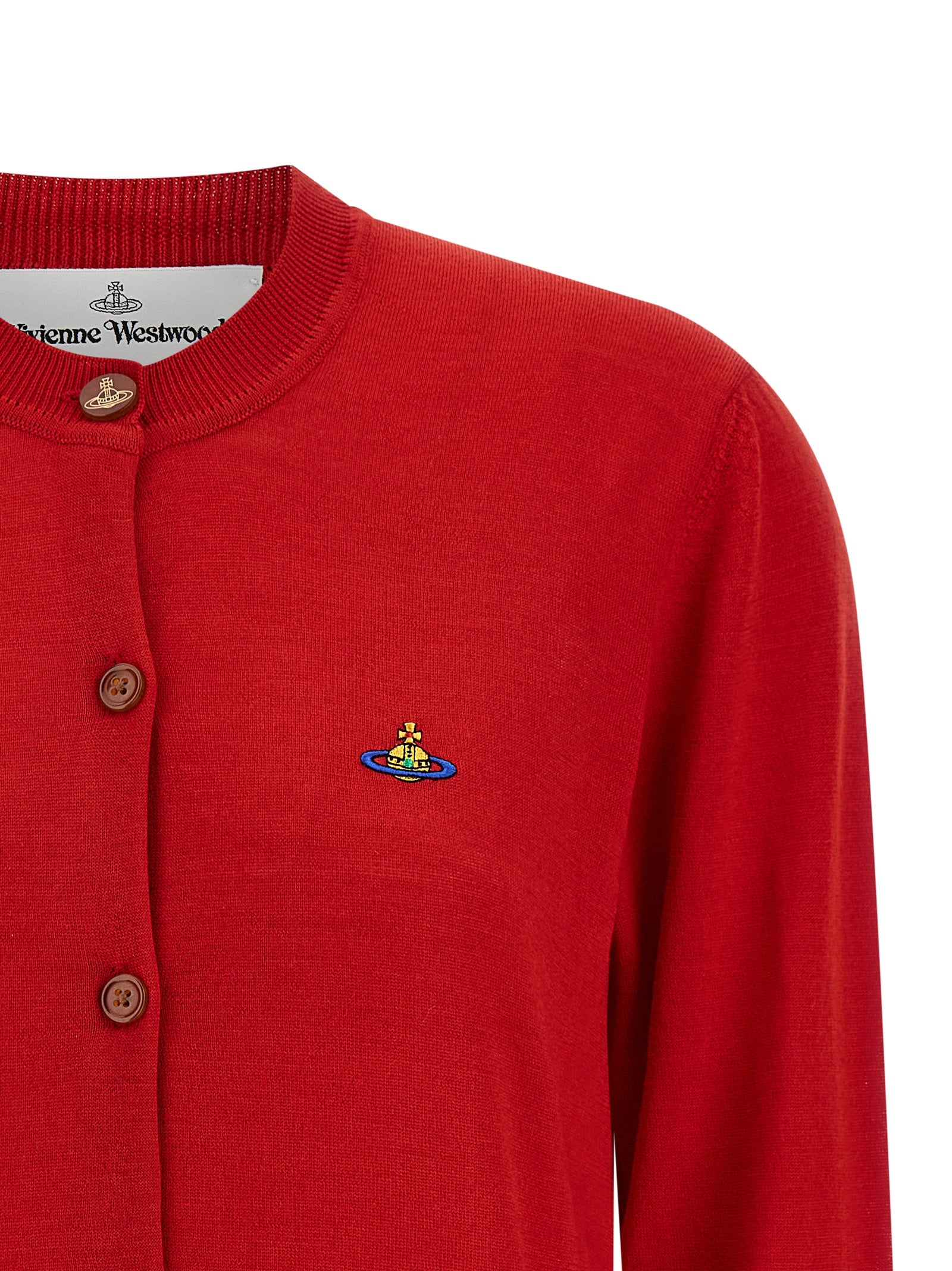 Cardigan by Vivienne Westwood for women in wool & silk multicolor & red features a dramatic silhouette, showcasing a sophisticated crew neckline and dramatic detail for a timeless, premium look.