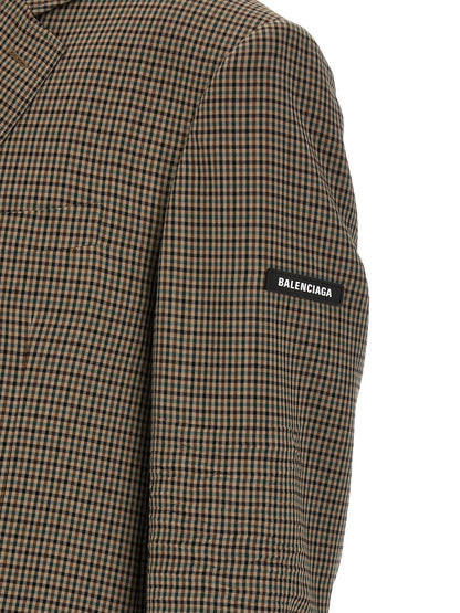 Blazer by Balenciaga for men in lyocell brown & print showcases a discerning silhouette, elegantly detailed with a sophisticated and premium for a truly discerning finish.