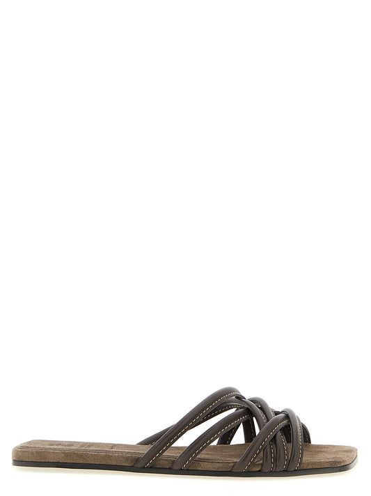 Sliders Flat Shoes by Brunello Cucinelli for women in suede lamb leather brown showcases a resplendent Women's Suede Lamb Leather Sliders Flat Shoes aesthetic with a and .