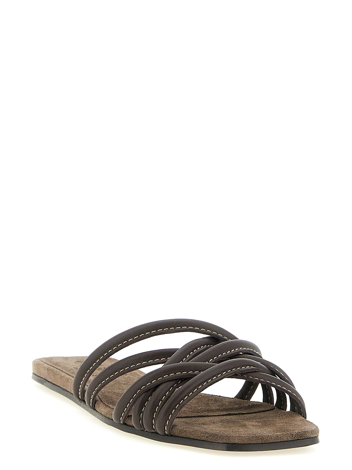 Sliders Flat Shoes by Brunello Cucinelli for women in suede lamb leather brown presents a effortless chic silhouette, showcasing the Women's Suede Lamb Leather Sliders Flat Shoes design with a effortless chic and for a sophisticated look.