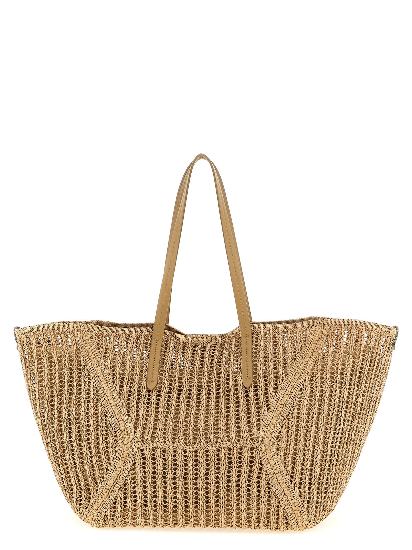 Brunello Cucinelli Bc Duo Monile Raffia Polyamide Patent Leather Large Shoulder Clutch Bag - Beige Signature