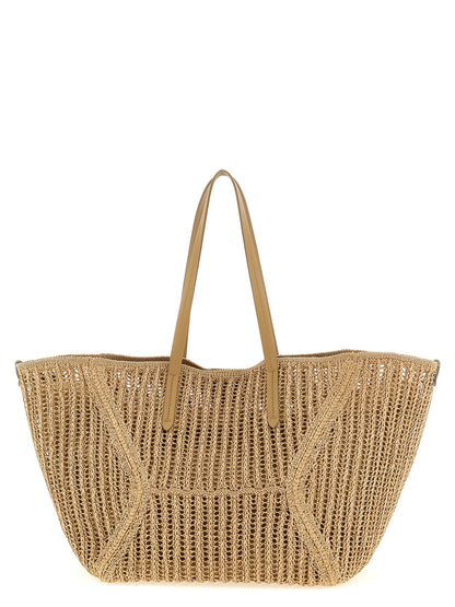 Brunello Cucinelli Bc Duo Monile Raffia Polyamide Patent Leather Large Shoulder Clutch Bag - Beige Signature