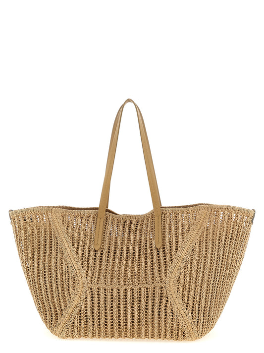 Brunello Cucinelli Bc Duo Monile Raffia Polyamide Patent Leather Large Shoulder Clutch Bag - Beige Signature