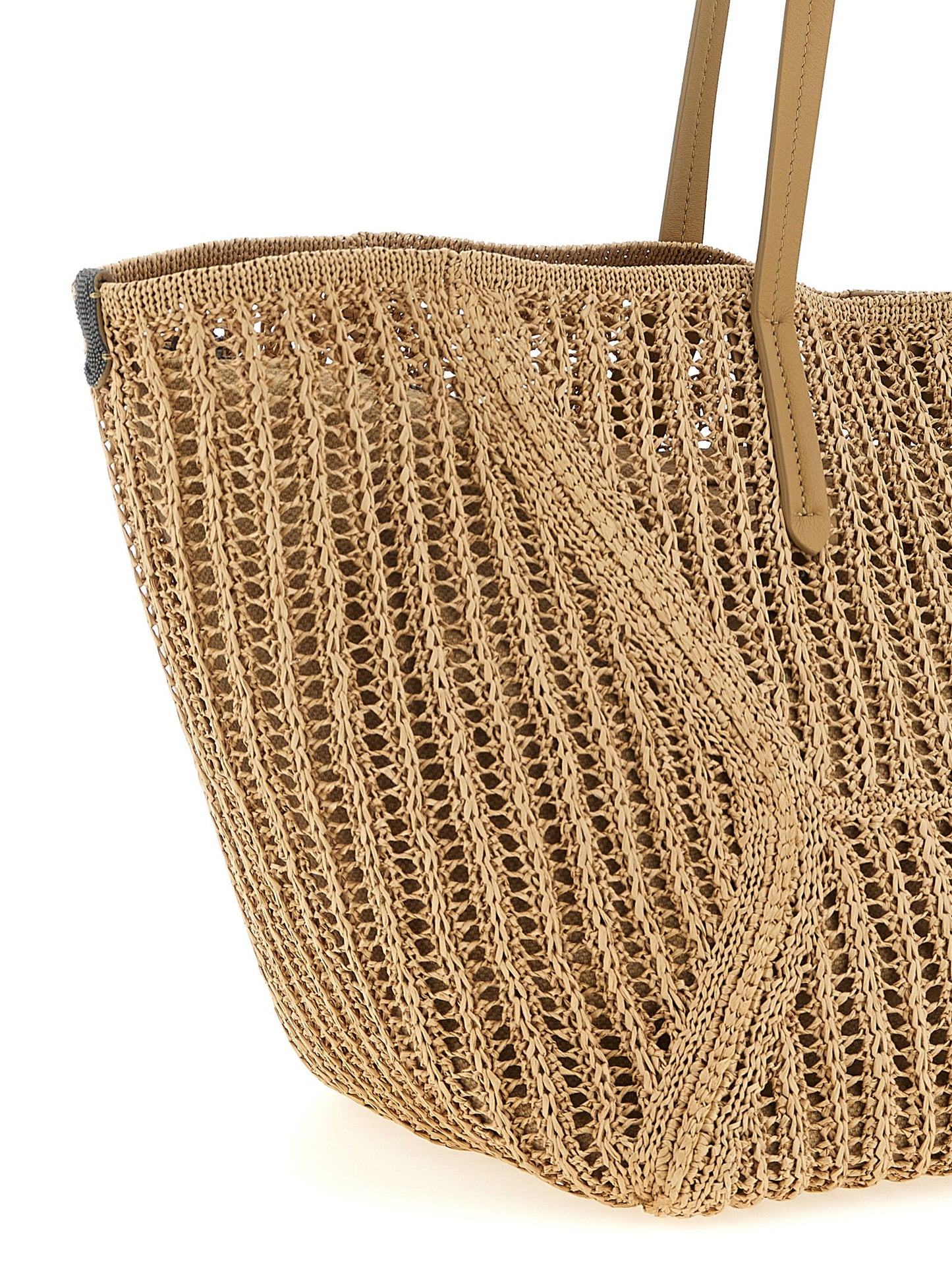 Brunello Cucinelli Bc Duo Monile Raffia Polyamide Patent Leather Large Shoulder Clutch Bag - Beige Signature