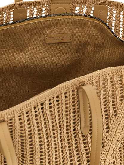 Brunello Cucinelli Bc Duo Monile Raffia Polyamide Patent Leather Large Shoulder Clutch Bag - Beige Signature