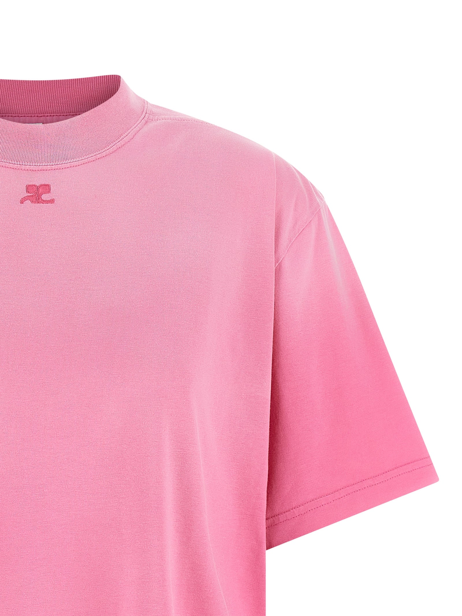 Dress by Courrèges for women in cotton multicolor & pink features a dramatic silhouette, showcasing an elegant crew neckline and that flows into a dramatic short mini.