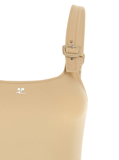 Bodysuit by Courrèges for women in stretch polyamide beige & print showcases a flawless silhouette, elegantly defined by a refined asymmetric neckline and for a flawless and polished finish.
