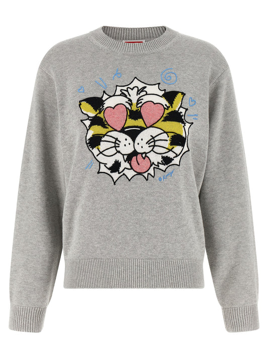 Cardigan by Kenzo for women in wool cotton gray presents a textural silhouette, artfully finished with a textural crew neckline and for a sophisticated, textural look.