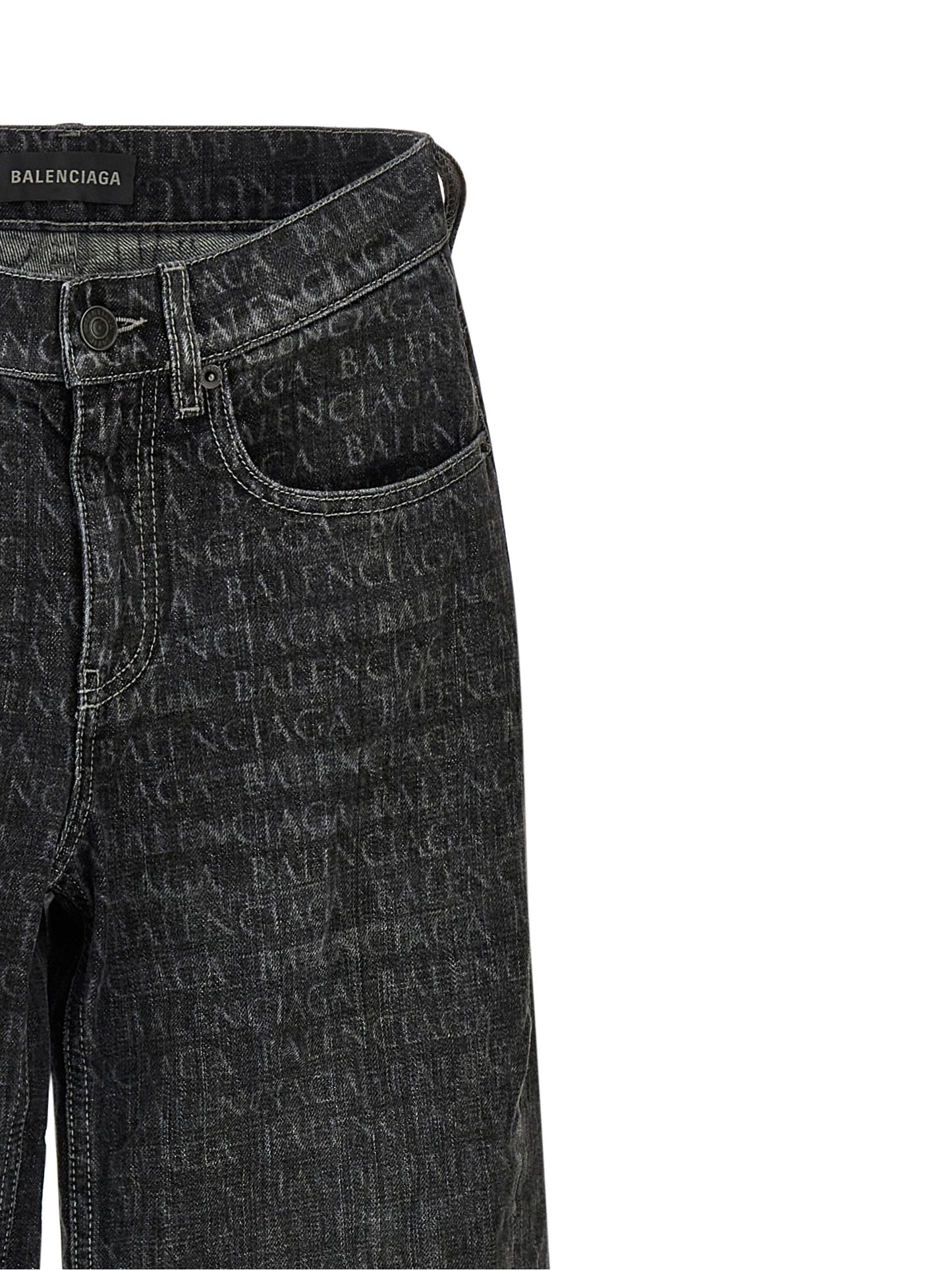 Jeans by Balenciaga for women in denim cotton black, monogram & print presents a tailored silhouette, showcasing a tailored flared & wide and long cut with a refined for a truly tailored aesthetic.