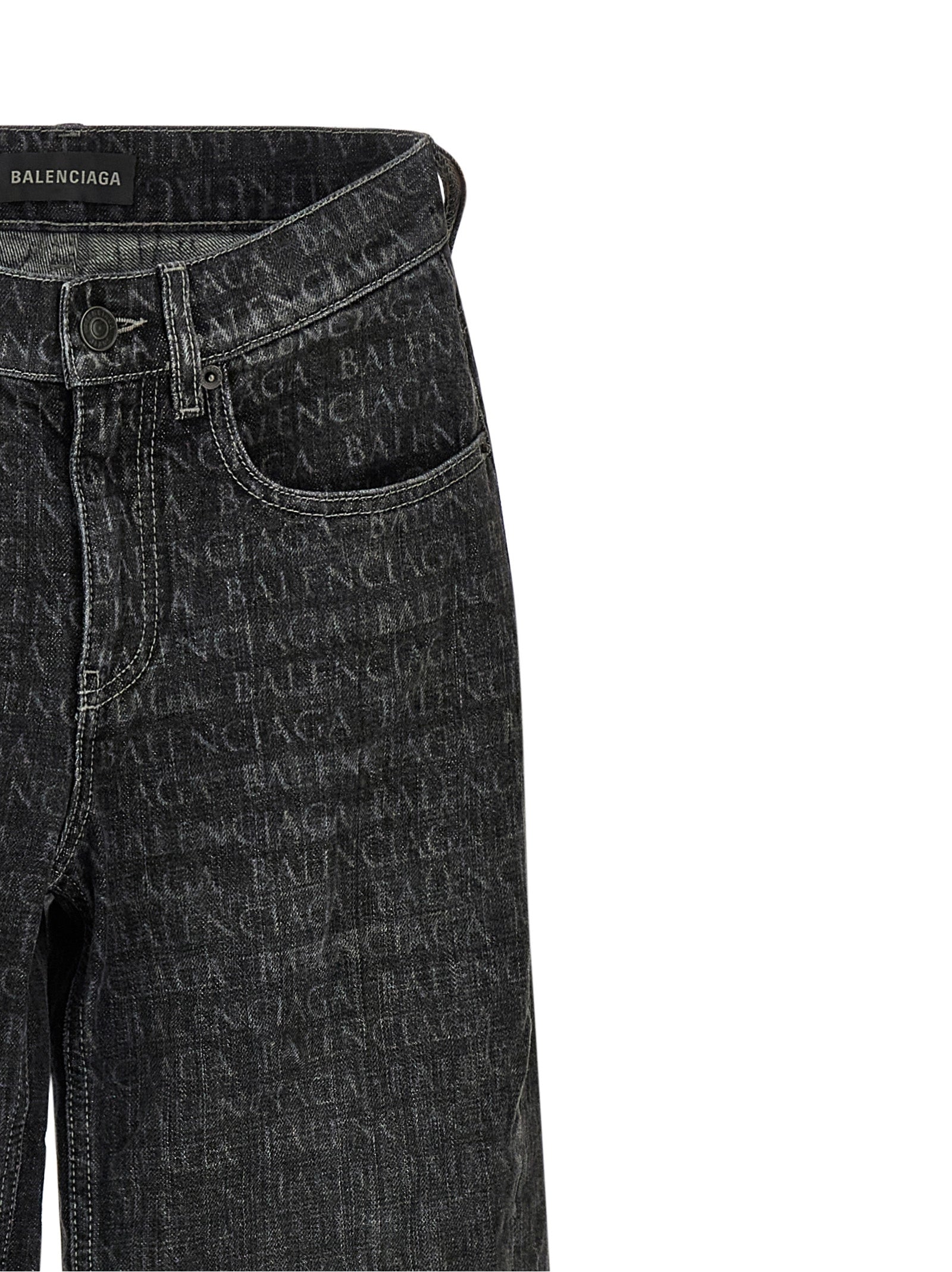 Jeans by Balenciaga for women in denim cotton black, monogram & print presents a tailored silhouette, showcasing a tailored flared & wide and long cut with a refined for a truly tailored aesthetic.