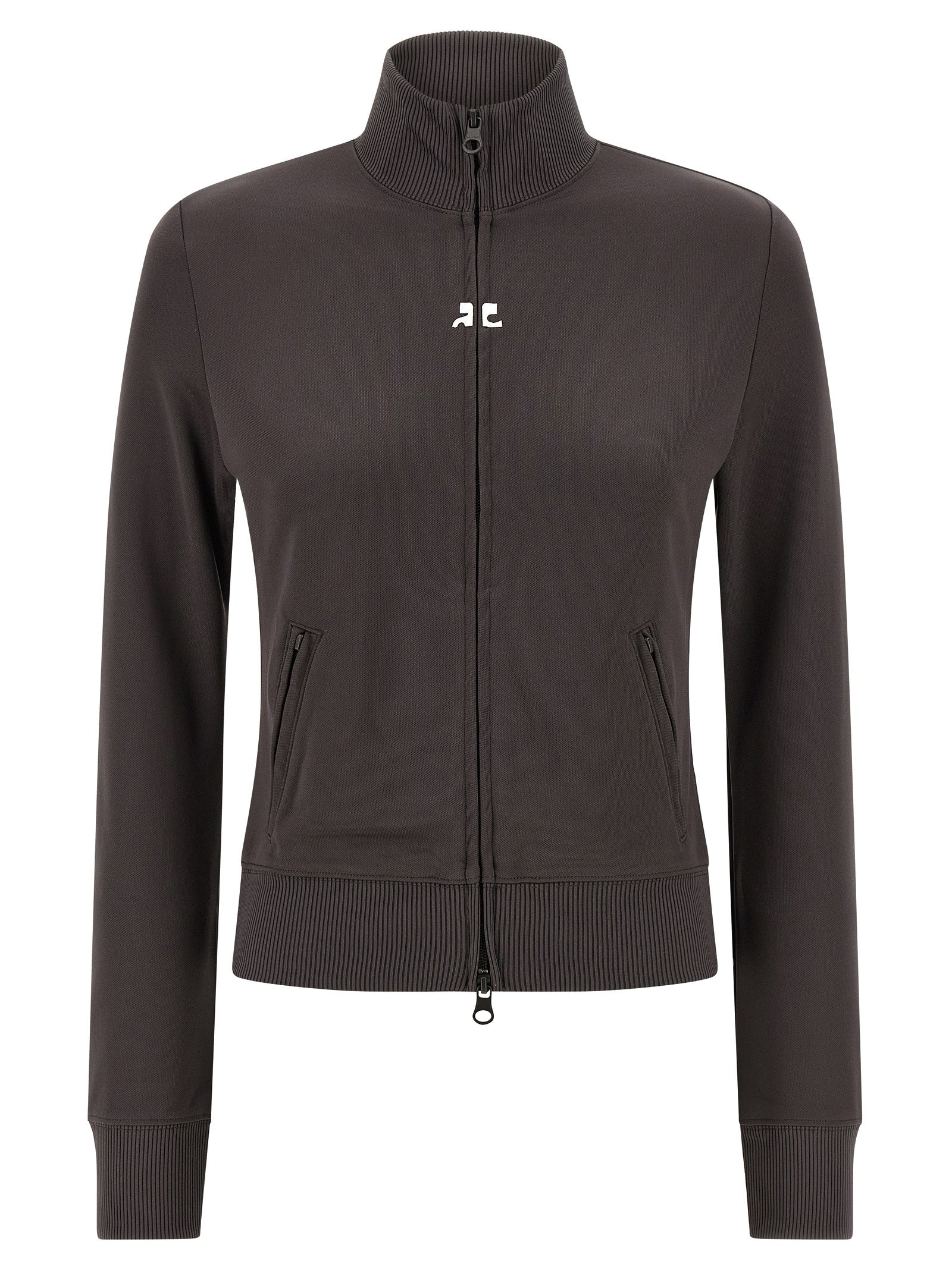 Activewear Sweatshirt by Courrèges for women in polyester gray & signature presents a ergonomic silhouette, showcasing a sophisticated high-neck neckline and detailed with premium for a ergonomic finish.