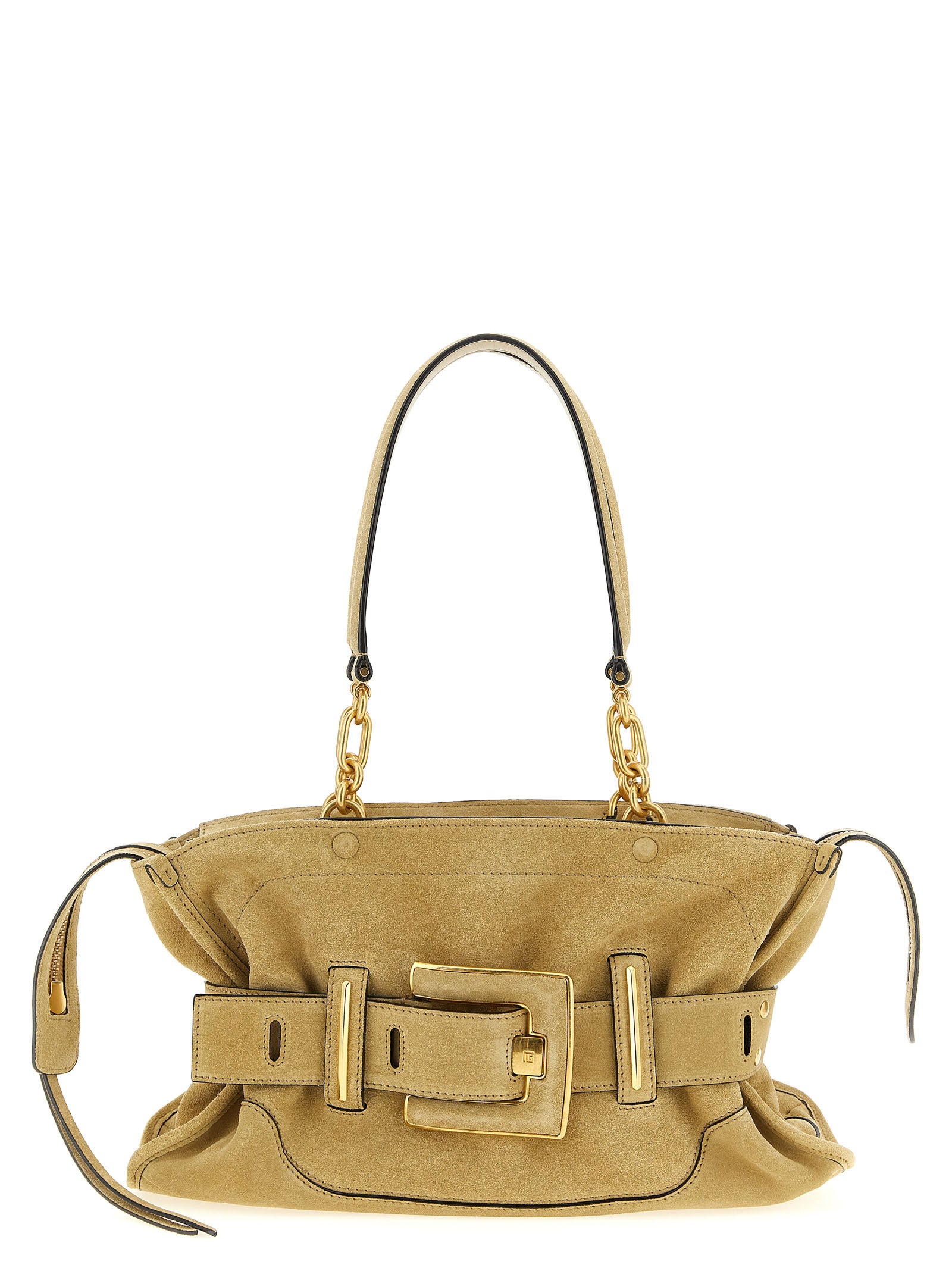 Shoulder Bag by Balmain for women in suede calfskin leather beige & signature features a effortless sophistication silhouette, secured by a zipper & buckle with ample and versatile shoulder-strap, belt-strap & handle for a effortless sophistication finish.