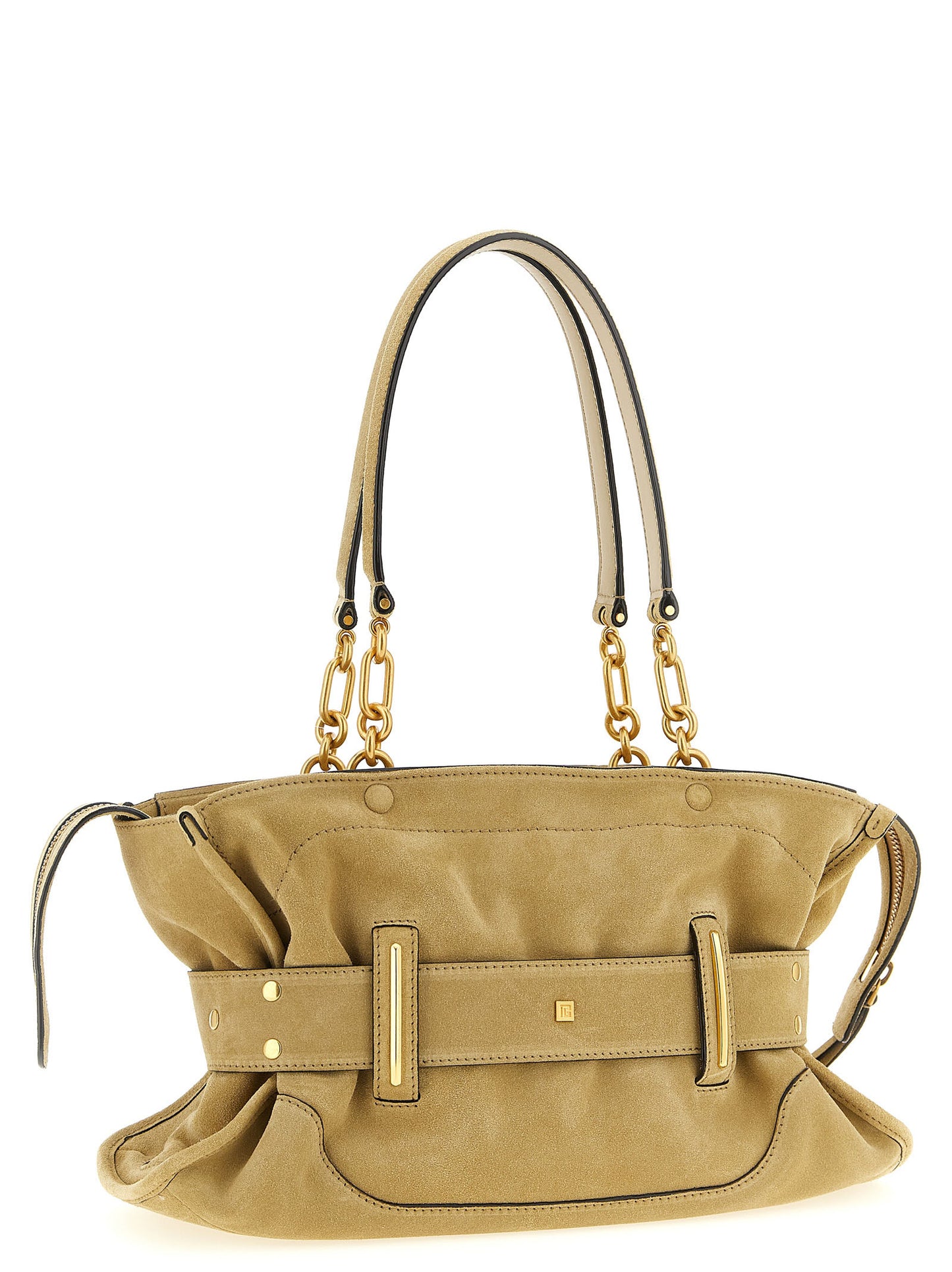 Shoulder Bag by Balmain for women in suede calfskin leather beige & signature features an effortlessly chic silhouette with a secure zipper & buckle, ample , and versatile shoulder-strap, belt-strap & handle for effortlessly chic everyday luxury.