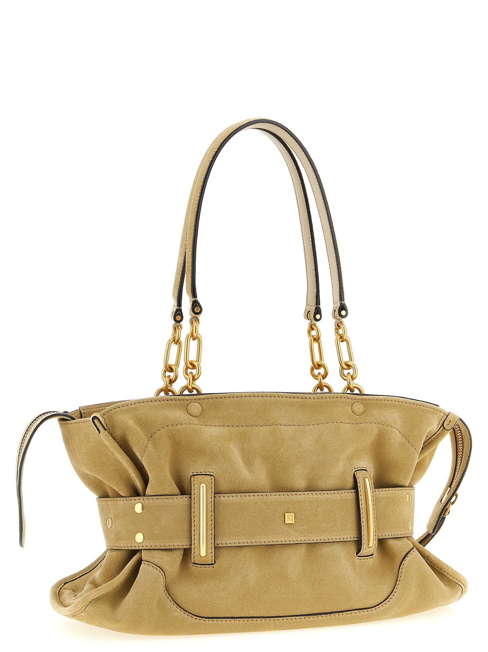 Shoulder Bag by Balmain for women in suede calfskin leather beige & signature features an effortlessly chic silhouette with a secure zipper & buckle, ample , and versatile shoulder-strap, belt-strap & handle for effortlessly chic everyday luxury.