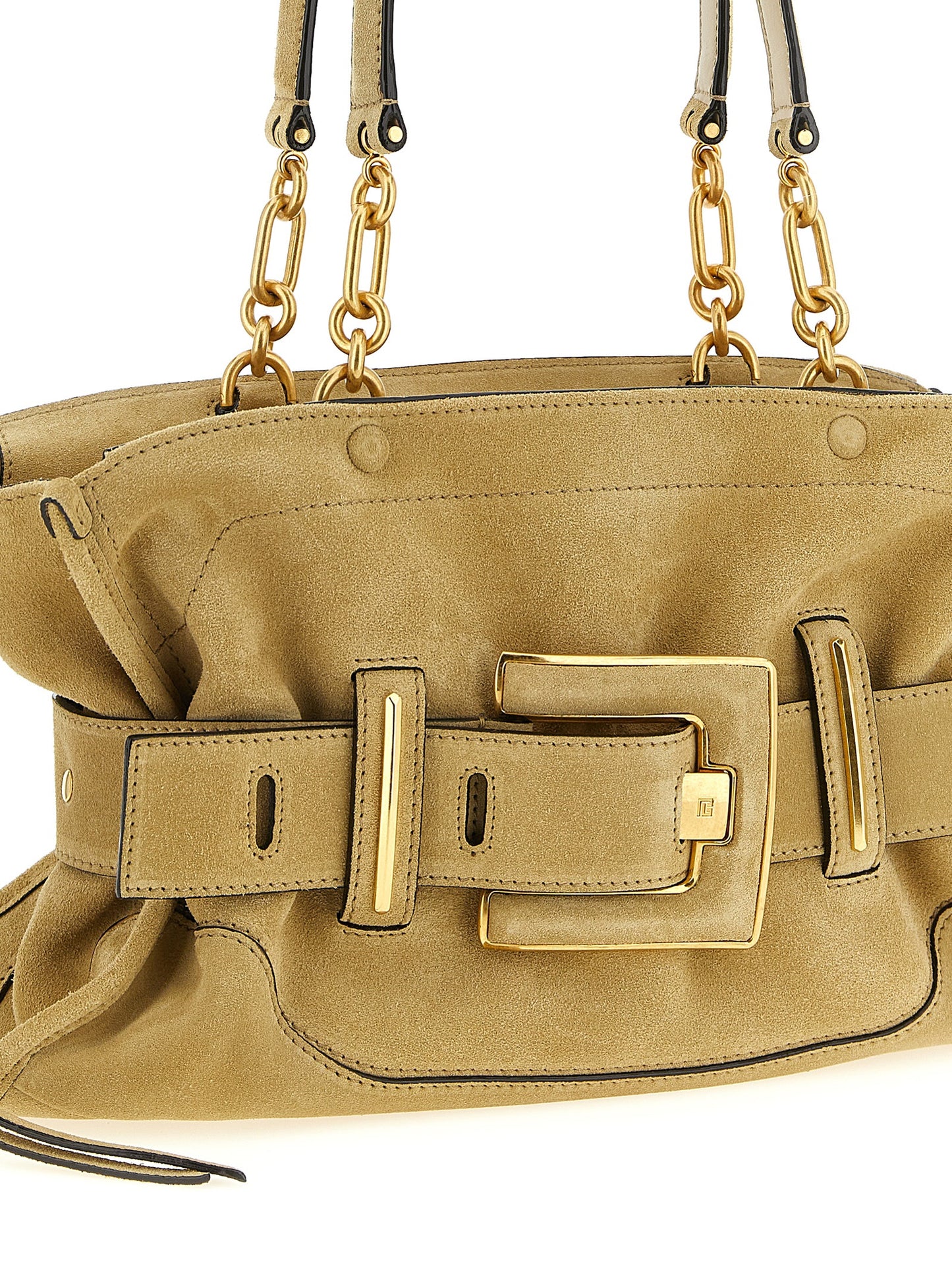Shoulder Bag by Balmain for women in suede calfskin leather beige & signature presents a versatile silhouette, showcasing a secure zipper & buckle and versatile with versatile shoulder-strap, belt-strap & handle for a sophisticated look.