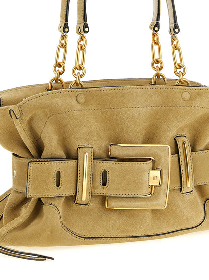 Shoulder Bag by Balmain for women in suede calfskin leather beige & signature presents a versatile silhouette, showcasing a secure zipper & buckle and versatile with versatile shoulder-strap, belt-strap & handle for a sophisticated look.