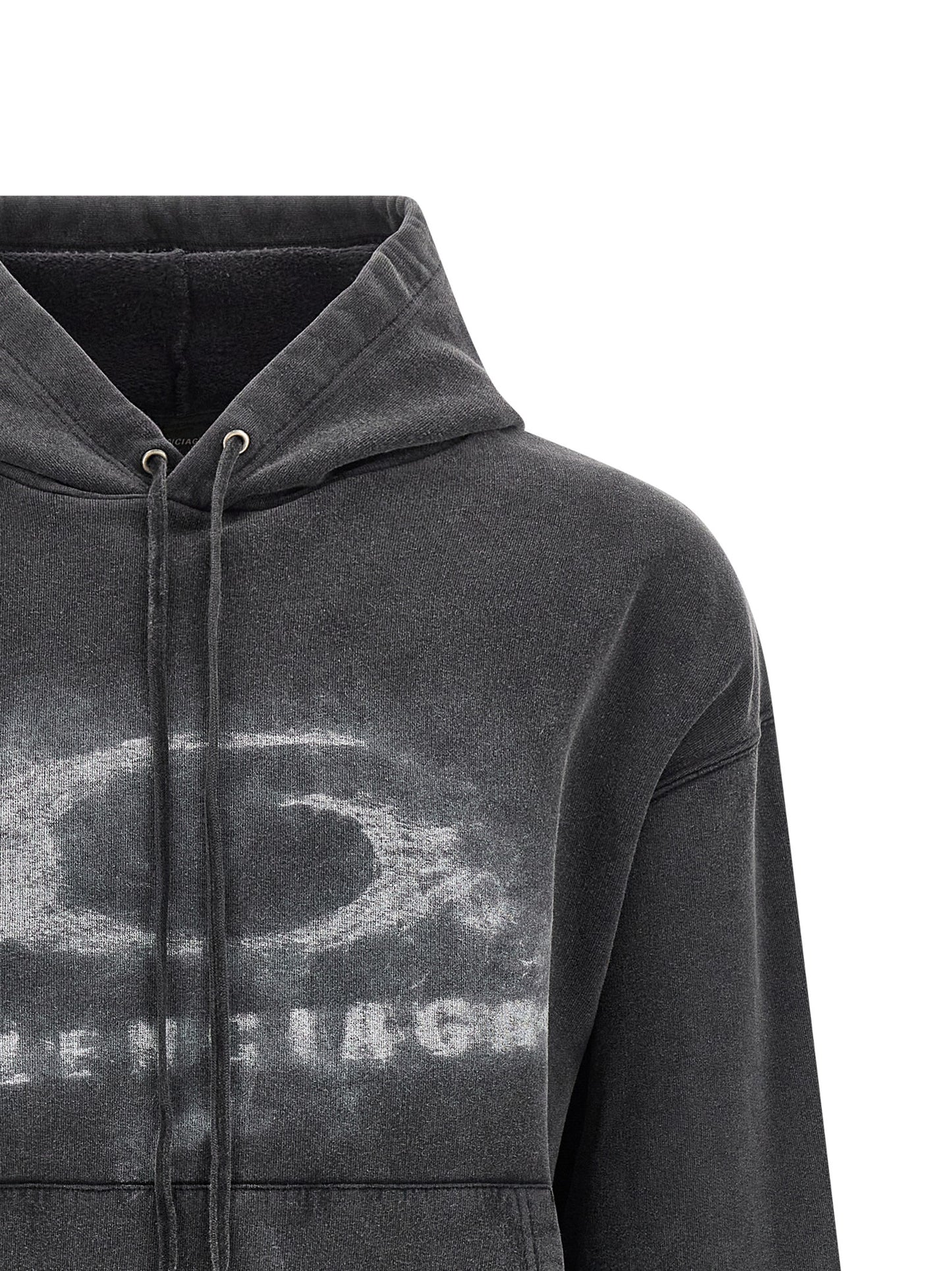 Sweatshirt Hoodie by Balenciaga for men in cotton bicolour, black, white & print features a slouchy chic silhouette, detailed with a slouchy chic and a signature hooded neckline for an elevated aesthetic.