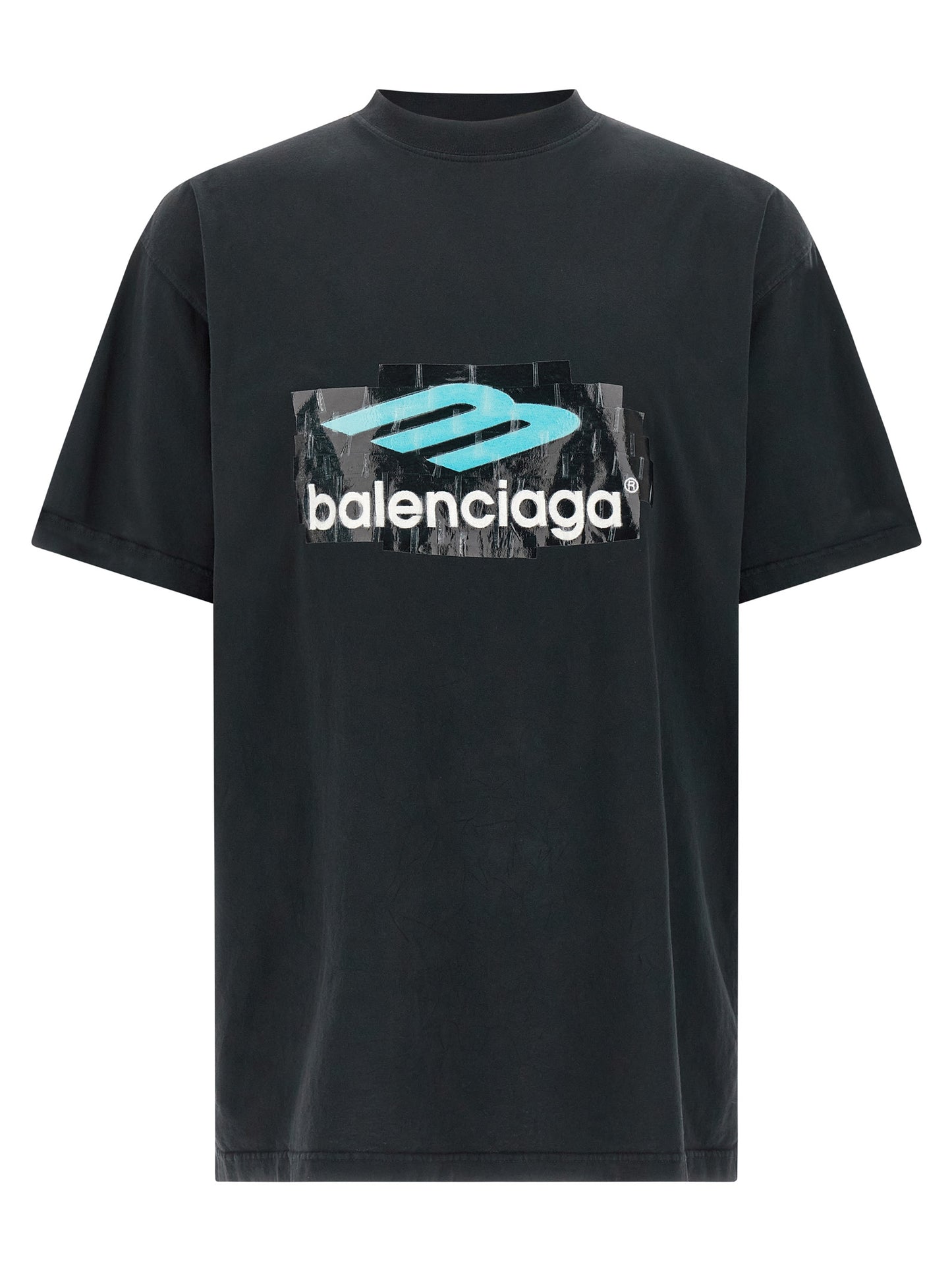 T-Shirt by Balenciaga for men in cotton black & print features an edgy silhouette, meticulously detailed with a sophisticated short-sleeve and crew neckline for a truly edgy finish.