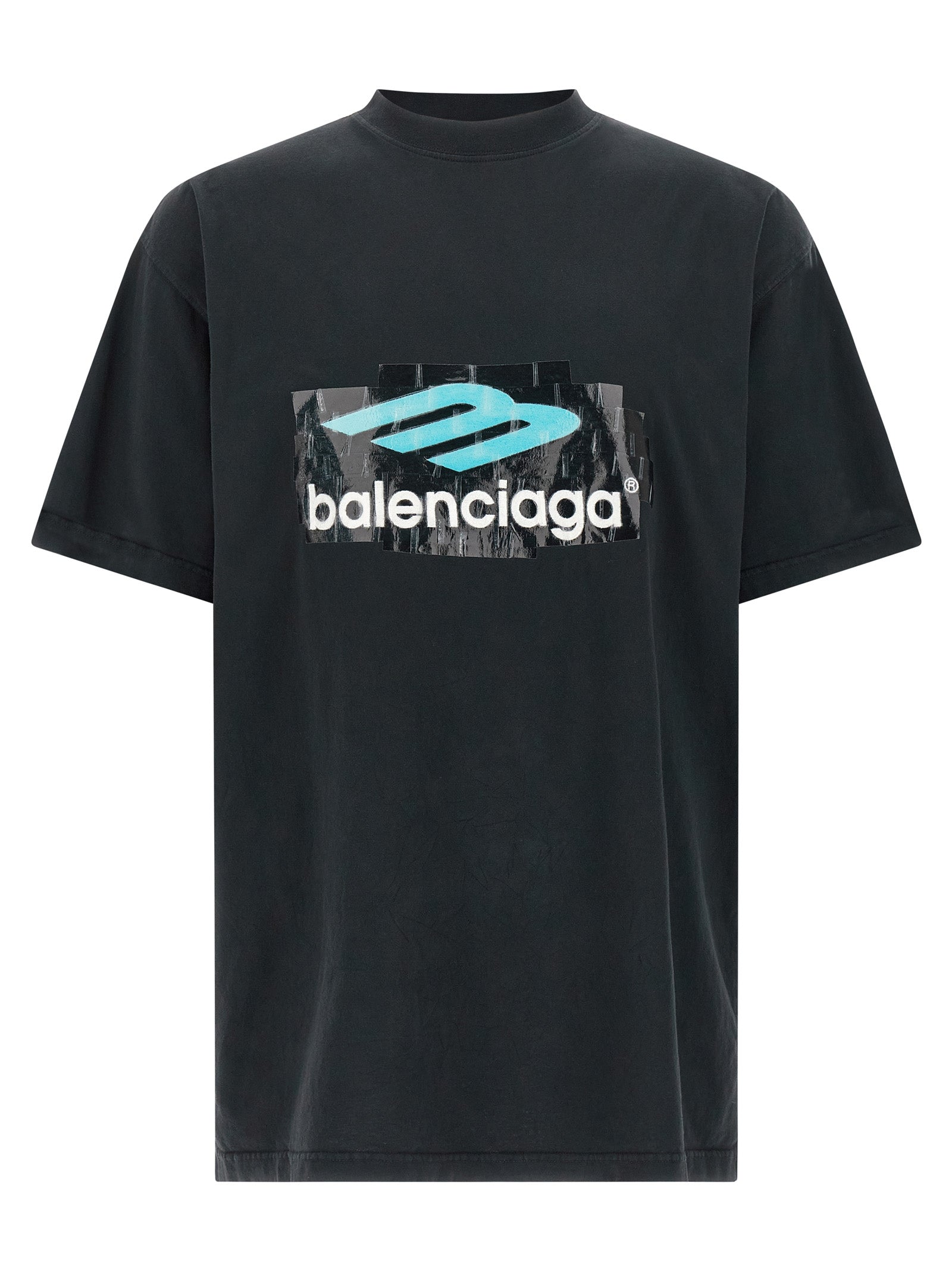 T-Shirt by Balenciaga for men in cotton black & print features an edgy silhouette, meticulously detailed with a sophisticated short-sleeve and crew neckline for a truly edgy finish.