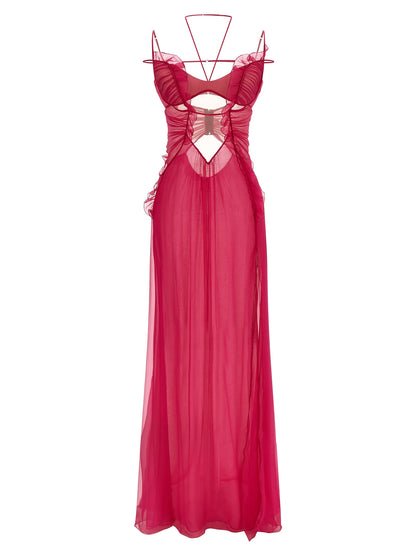 Dress by Nensi Dojaka for women in silk chiffon fuchsia & transparent showcases a striking silhouette, elegantly detailed with a , refined , and a striking long for a striking finish.