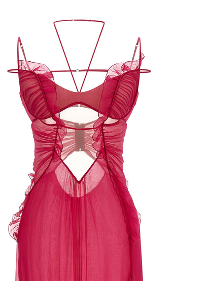 Dress by Nensi Dojaka for women in silk chiffon fuchsia & transparent features an cute silhouette, detailed with a and that elegantly flows into a cute long.