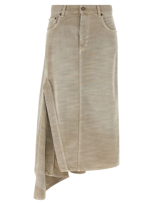Skirt by Haikure for women in denim cotton & suede leather gray showcases a sultry silhouette, elegantly defined by its midi and the sophisticated sultry design of the Women's Denim Flared Asymmetrical Cotton & Suede Leather Skirt.