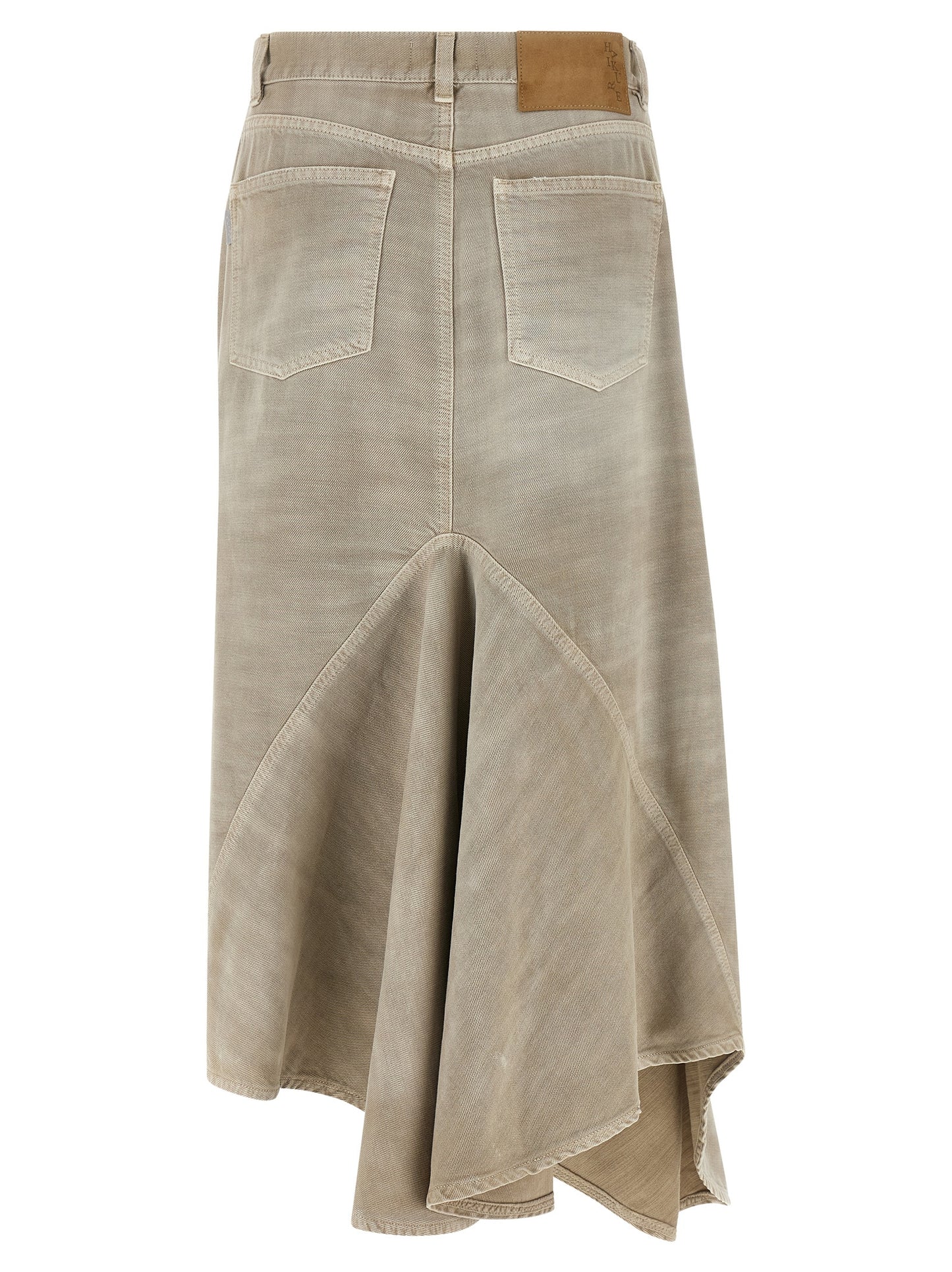Skirt by Haikure for women in denim cotton & suede leather gray features a captivating silhouette, showcasing the captivating Women's Denim Flared Asymmetrical Cotton & Suede Leather Skirt design with a sophisticated midi for a captivating look.