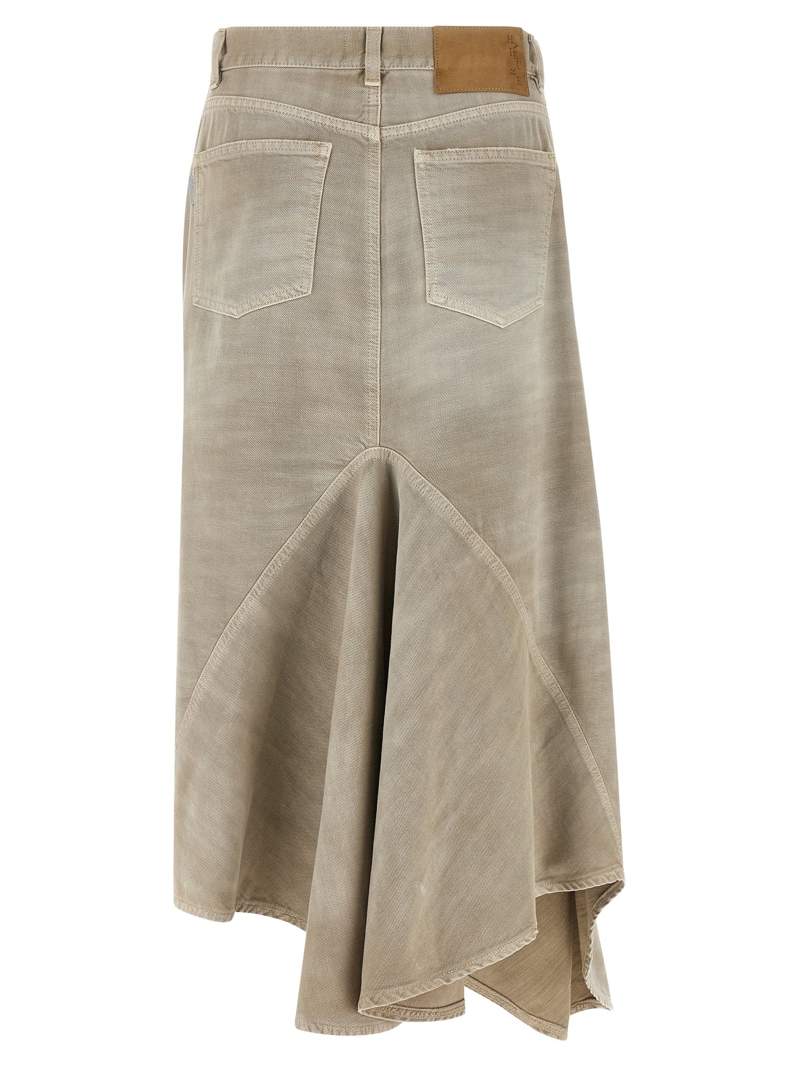 Skirt by Haikure for women in denim cotton & suede leather gray features a captivating silhouette, showcasing the captivating Women's Denim Flared Asymmetrical Cotton & Suede Leather Skirt design with a sophisticated midi for a captivating look.