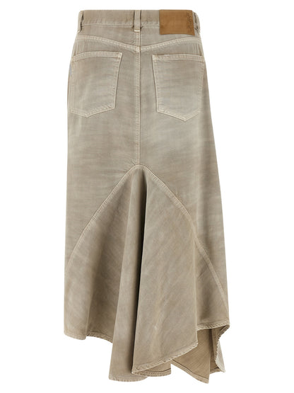 Skirt by Haikure for women in denim cotton & suede leather gray features a captivating silhouette, showcasing the captivating Women's Denim Flared Asymmetrical Cotton & Suede Leather Skirt design with a sophisticated midi for a captivating look.
