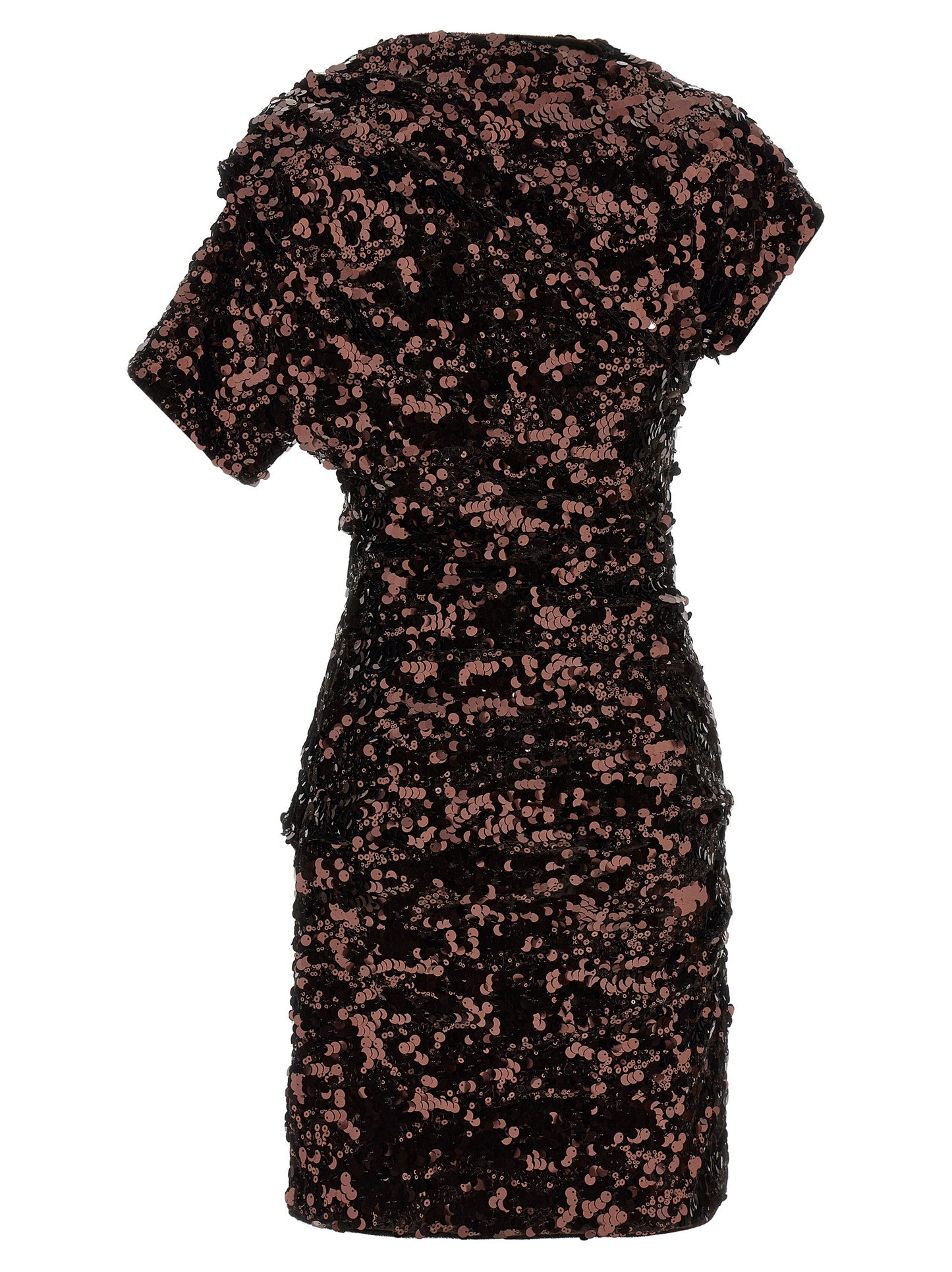 Dress by Ganni for women in polyester & sequins brown presents a sinuous silhouette, showcasing a sophisticated and detailed with a sinuous short mini for a refined finish.