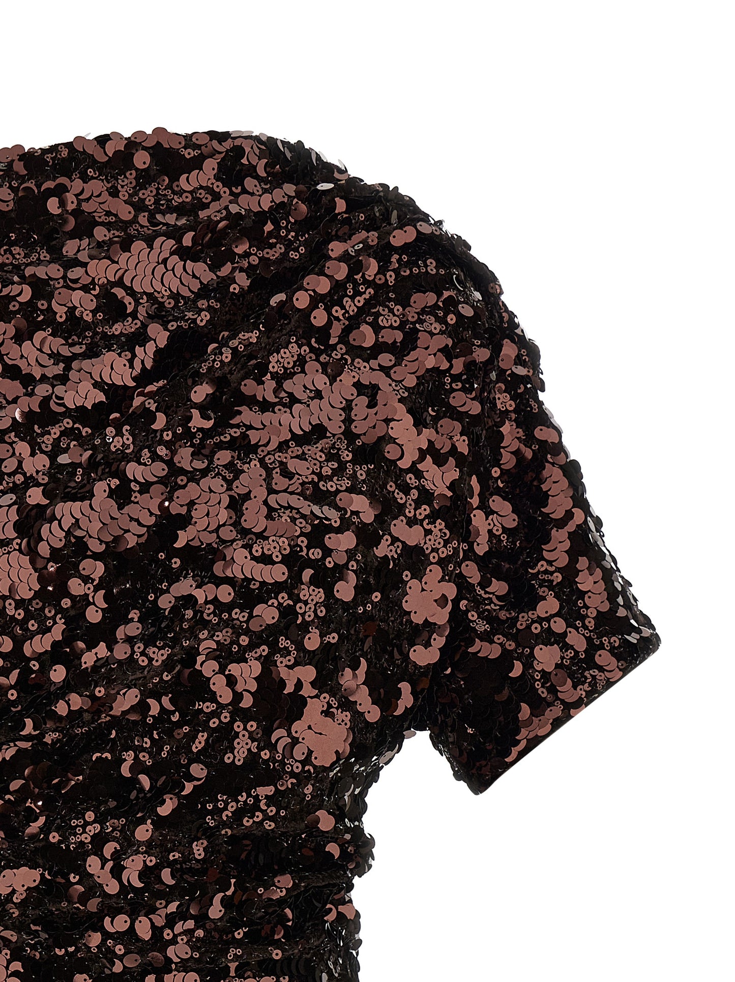 Dress by Ganni for women in polyester & sequins brown features a dramatic silhouette, showcasing an elegant and that flows into a dramatic short mini.