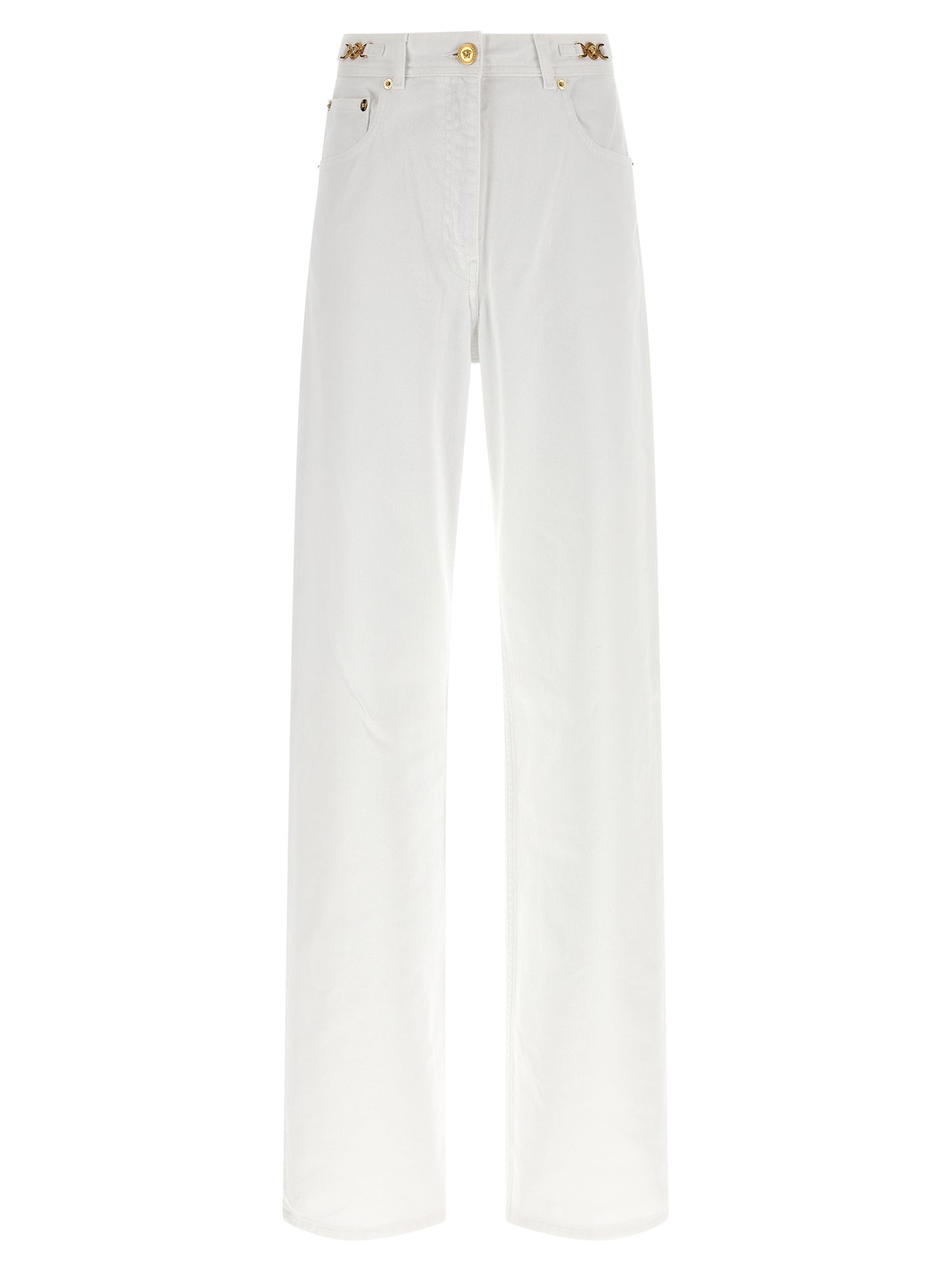 Jeans by Versace for women in denim cotton white presents a refined pantology silhouette, artfully defined by a refined pantology straight-leg, long, and a sophisticated .