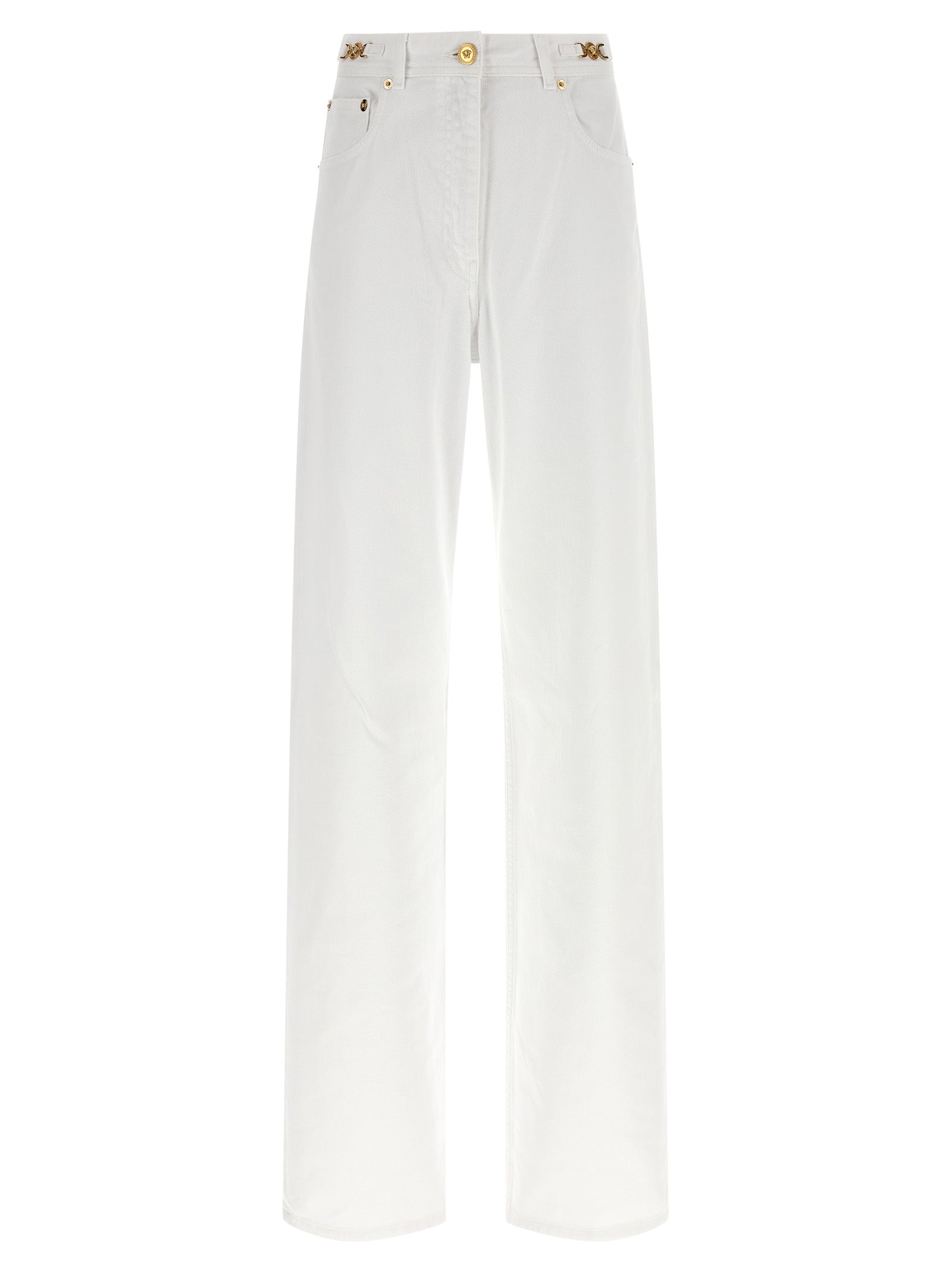 Jeans by Versace for women in denim cotton white presents a refined pantology silhouette, artfully defined by a refined pantology straight-leg, long, and a sophisticated .