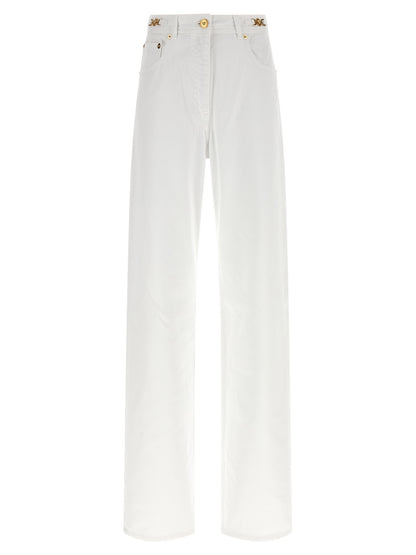Jeans by Versace for women in denim cotton white presents a refined pantology silhouette, artfully defined by a refined pantology straight-leg, long, and a sophisticated .