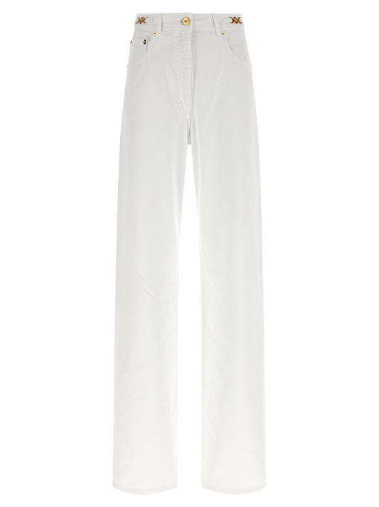 Jeans by Versace for women in denim cotton white presents a refined pantology silhouette, artfully defined by a refined pantology straight-leg, long, and a sophisticated .