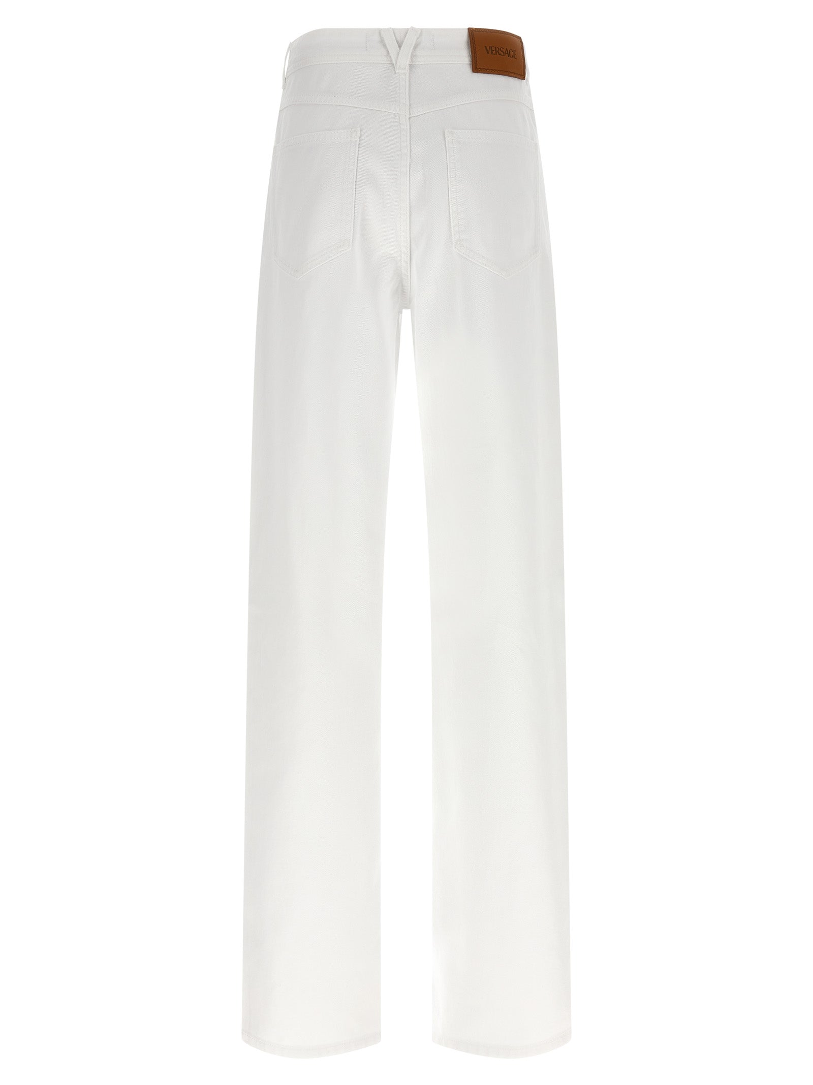 Jeans by Versace for women in denim cotton white features a polished silhouette with a polished straight-leg, reaching a polished long and finished with a polished .