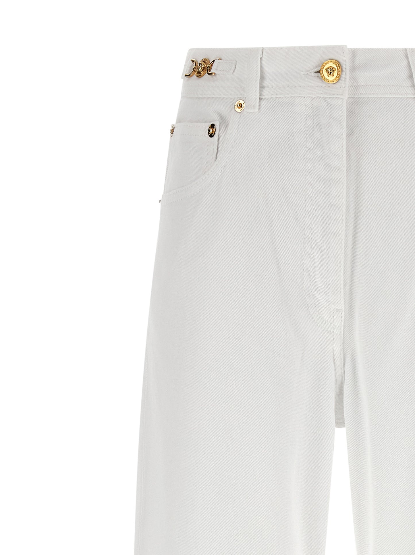 Jeans by Versace for women in denim cotton white features an sartorial straight-leg and long with a cut for a sartorial finish.