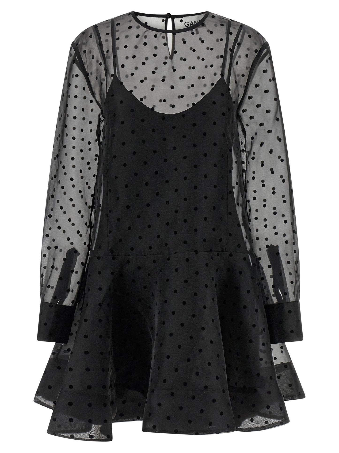 Dress by Ganni for women in polyester & viscose black & transparent features a dramatic silhouette, showcasing an elegant and that flows into a dramatic maxi short mini.