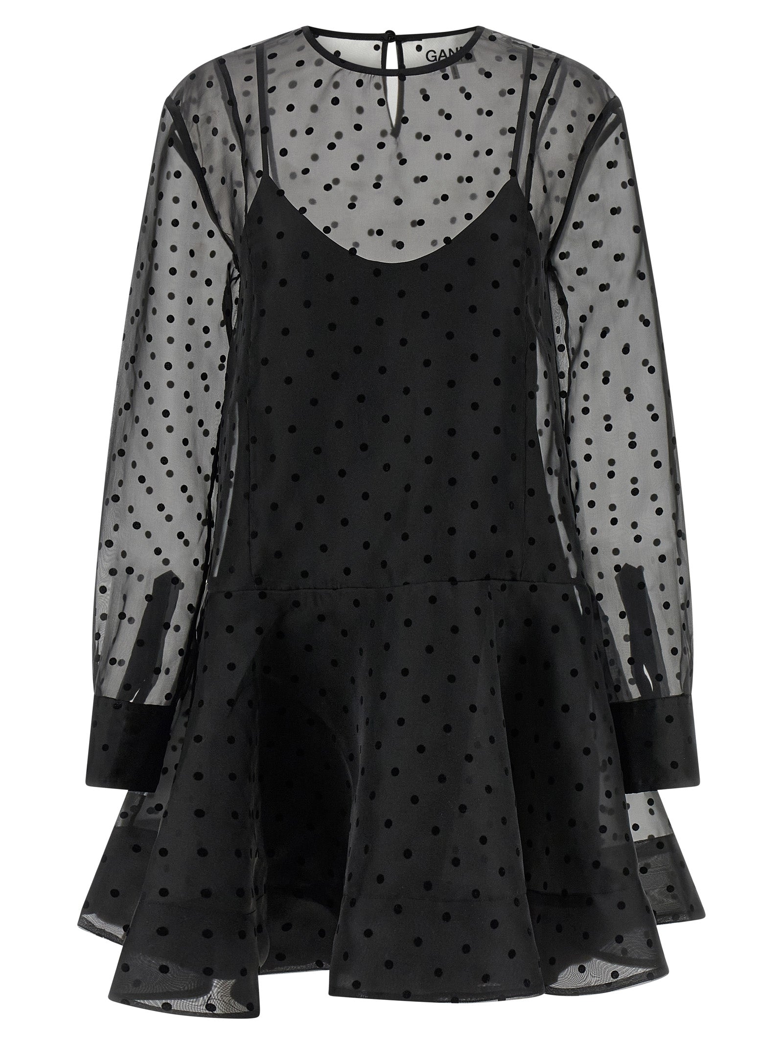 Dress by Ganni for women in polyester & viscose black & transparent features a dramatic silhouette, showcasing an elegant and that flows into a dramatic maxi short mini.