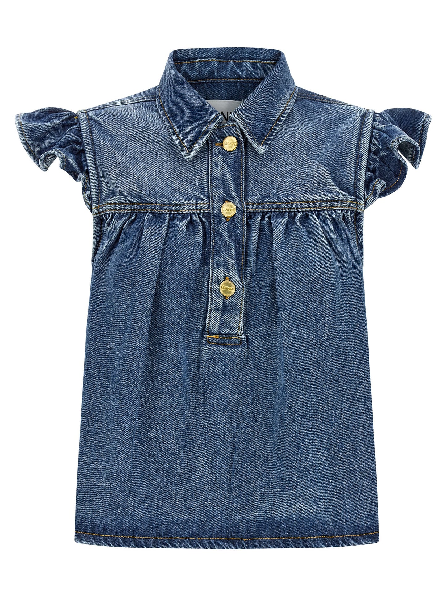 Shirt by Ganni for women in lyocell denim blue, featuring a nuanced and nuanced shirt-collar neckline for a sophisticated finish.