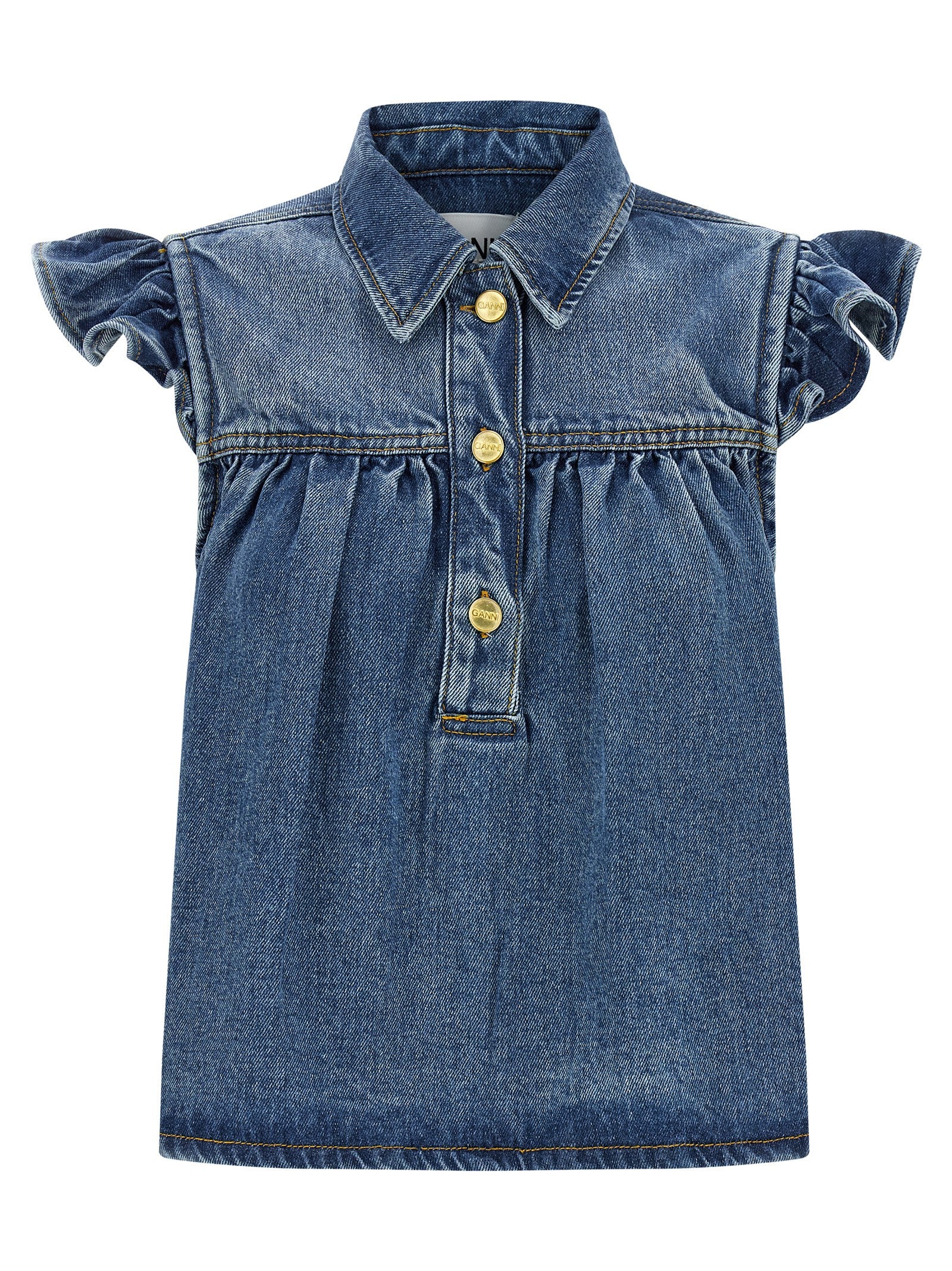 Shirt by Ganni for women in lyocell denim blue, featuring a nuanced and nuanced shirt-collar neckline for a sophisticated finish.
